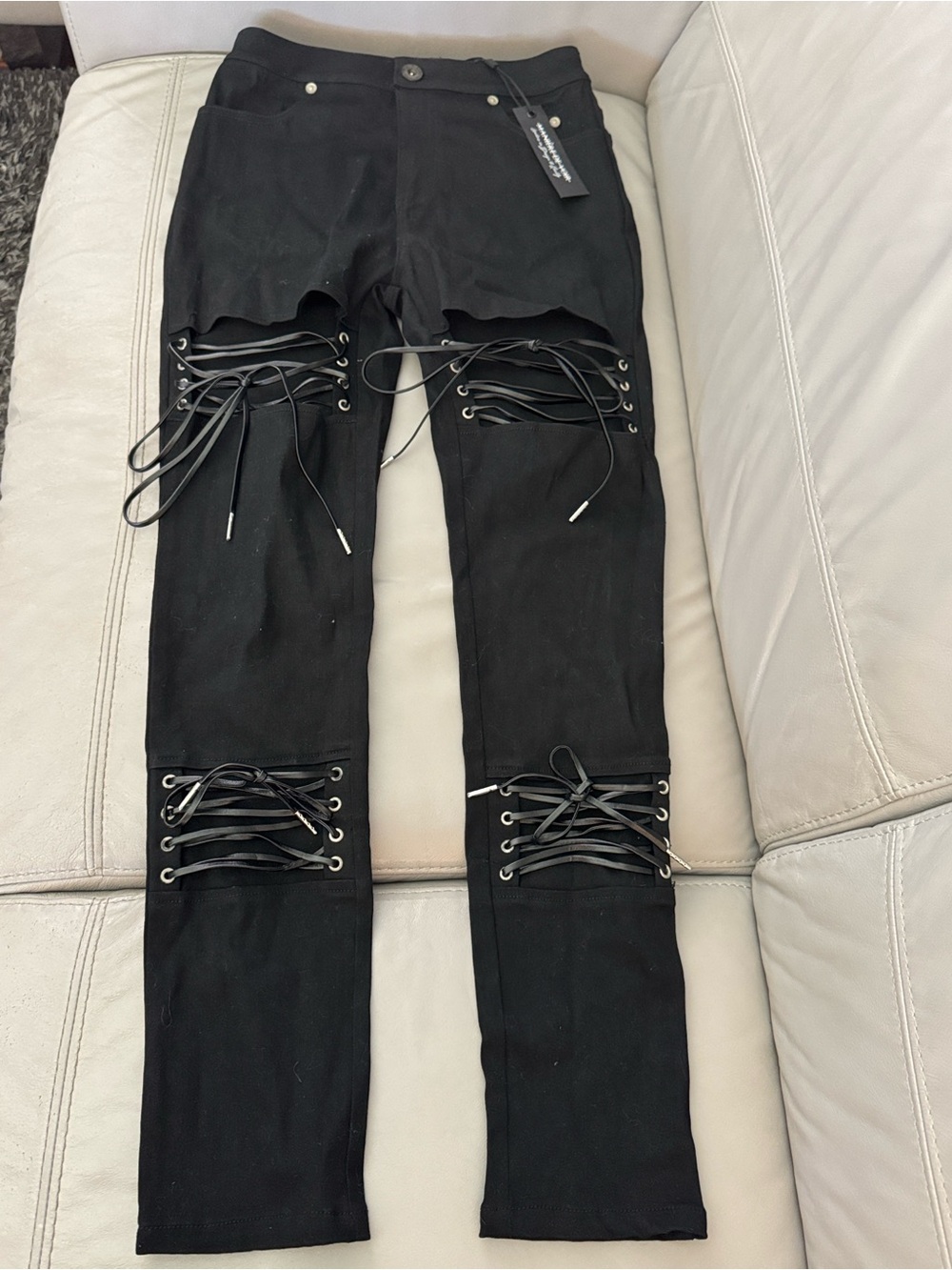 Maniere De Voir Black Lace up skinny jeans goth punk sz UK 10 (NWT)